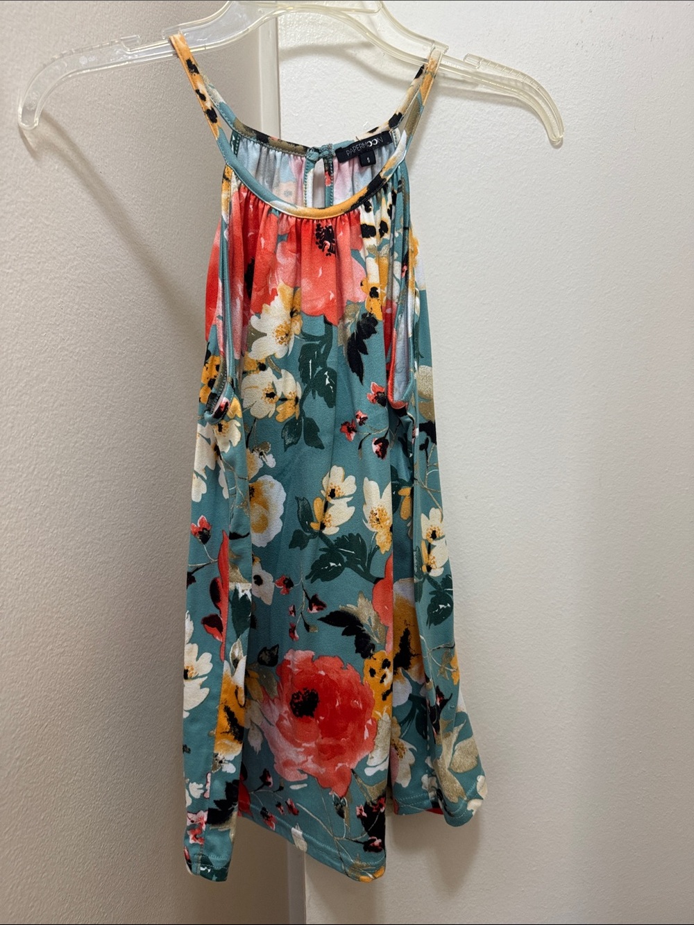 Papermoon Teal Floral Halter Mini Dress with Coral Accents